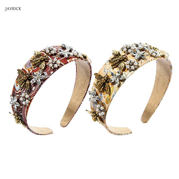 

female print wide-side headband vintage court style lady head hoop baroque rhinestone artificial pearl hair band, Golden;white