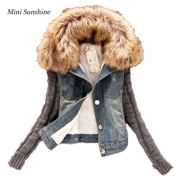

fur collar jacket women knitting sleeves patchwork thick wool denim jacket autumn winter parka coat jaqueta feminina z30, Black