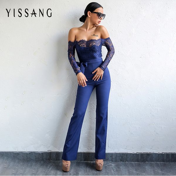 

yissang elegant off the shoulder lace women jumpsuit black long sleeve fitted romper backless playsuit macacao feminino y19051501, Black;white