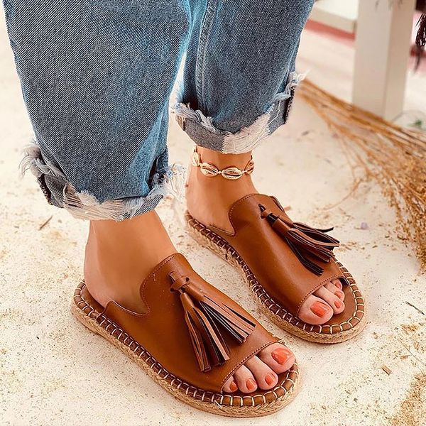 

women's rome slippers elegant tassels slides for ladies outdoor foot tip summer slippers women large size 35-43, Black