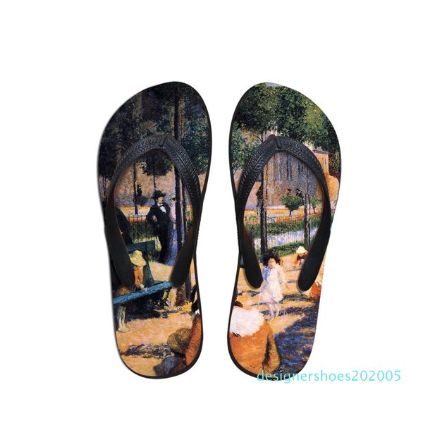

casual man flip flops beach anti-slip sandals casual anti-slip flat house shoes sea and nature painting print beach shoes d05, Black
