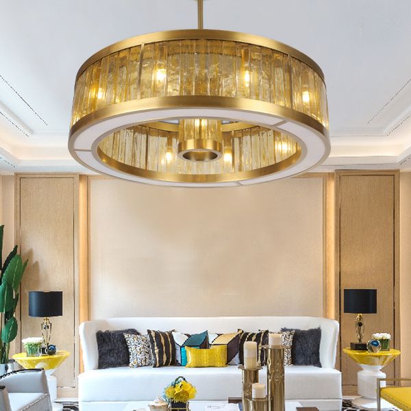 

Golden ring crystal chandelier modern living room lamp light luxury restaurant LED light