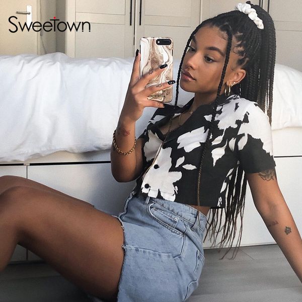 

sweetown tie dye print cropped jacket coats streetwear single-breasted turn down collar short sleeve bomber jackets summer, Black;brown