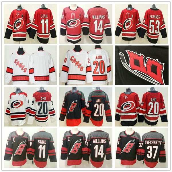 

19 20 новая каролина 20 sebastian ахо 37 андрей свечников 53 джефф скиннер 11 стааль 14 джастин уильямс взрослые детского хоккей джерси, Black;red