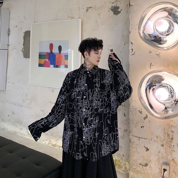 

male vintage streetwear hip hop fashion party dress shirts stage show costumes men long sleeve line print loose casual shirt, White;black