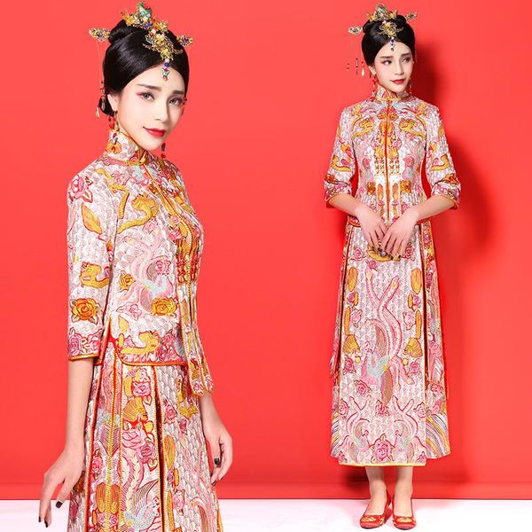

suzhou embroidery women bride wedding dress satin luxury exquisite ancient cheonasam qipao mandarin collar stage show clothing, Red