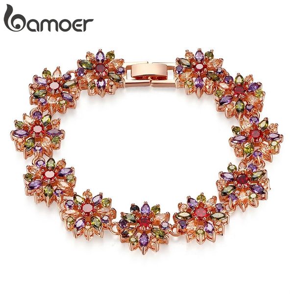 

bamoer cz chain link bracelet for women multi-color prong setting zircon gift for anniversary jib009, Golden;silver