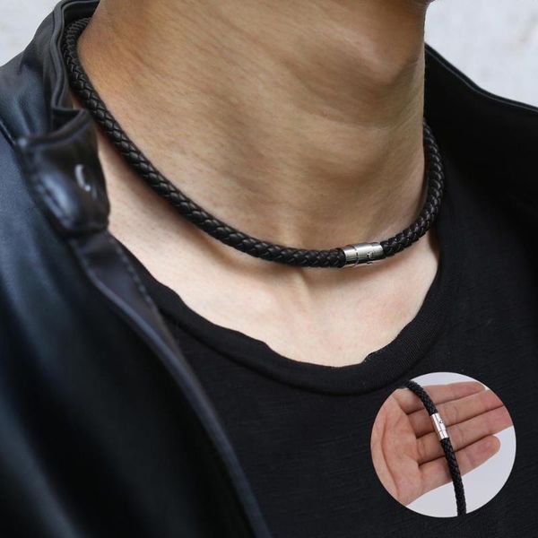 

4/6/8 mm black brown man-made leather necklace chocker braided cord rope link chain silver color stainless steel clasp lun48, Golden;silver
