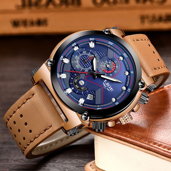 

lige new mens watches casual sport quartz watch men leather waterproof wristwatch relogio masculio+box, Slivery;brown