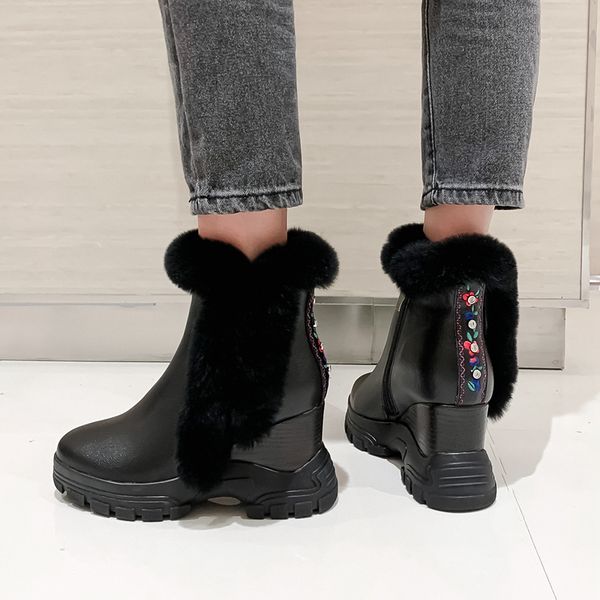 

bottes femme ankle boots women's snow boots cow leather embroidery plush keep warm shoes women's snow mujer, Black