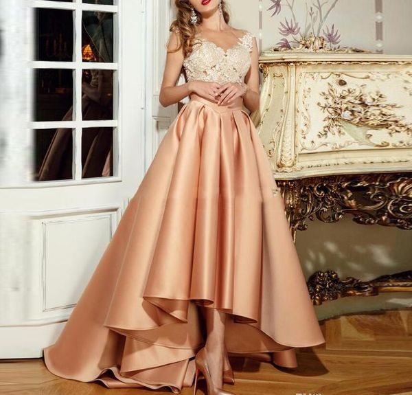 

elegant high low evening dresses v neck 2018 new with appliques lace sheer back robe de soiree a-line vestido de festa covered buttons, Black;red