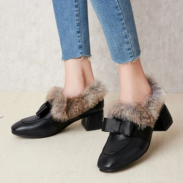 

boots us4-11 womens square toe real fur sequins bowknot block chunky heel warm ankle winter shoes 3colors plus size c793, Black