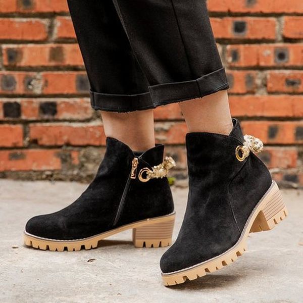 

women ankle boots chaussure booties chunky mid heels pumps shiny bowties deco plus size shoes woman zapatos mujer sapato h769, Black