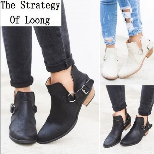 

women spring autumn big size metal decoration buckle sewing boots nubuck thick med heels pointed toe fashion shoes 20181120, Black
