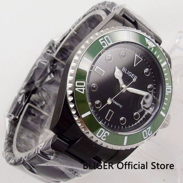 

43mm full black pvd bliger men's watch black dial sapphire crystal date magnifier luminous miyota automatic movement watch, Slivery;brown