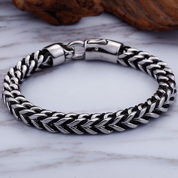 

trustylan trendy shiny stainless steel mens bracelet 8mm wide wrap leather bracelets for men valentine's day gift jewellery, Golden;silver