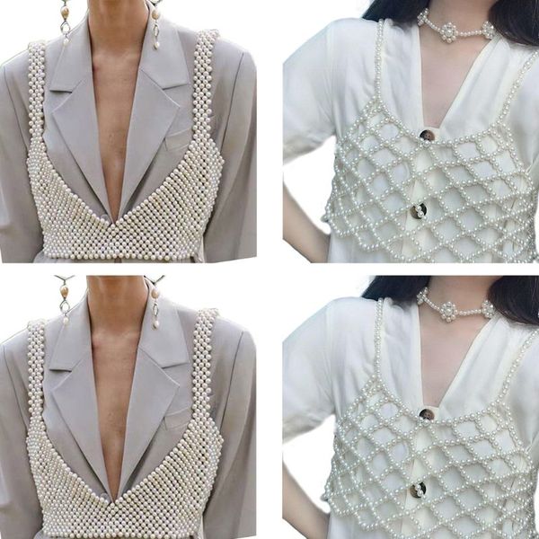 

womens handmade imitation pearls beading crop exterior vest hollow out grid camisole decoration night party clubwear, White