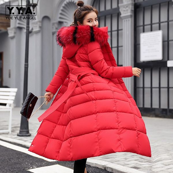 

winter maxi long jacket women faux fur collar hoody sashes slimfit female parka warm outerwear coat belted thicken overcoat coat, Black