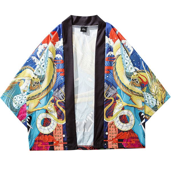 

marchwind brand japanese kimono jacket sea dragon devil printed hip hop men japan style jackets streetwear summer thin clothes harajuku, White;black