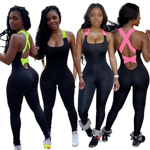 

women's jumpsuits & rompers back lace up sport jumpsuit women sleeveless bodysuits cross neon strap backless skinny pant halter square, Black;white