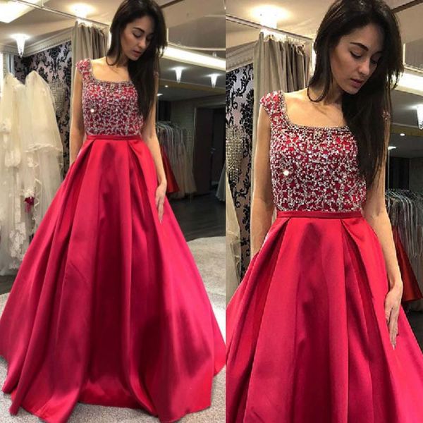 

2019 new red prom dress a line square neck sleeveless beads sequins embellished satin skirt formal evening party gowns, Black