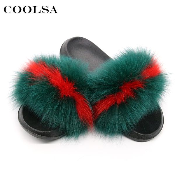

coolsa summer women fox fur slippers real fur slides female indoor flip flops casual raccon fur sandals furry fluffy plush shoes t200411, Black