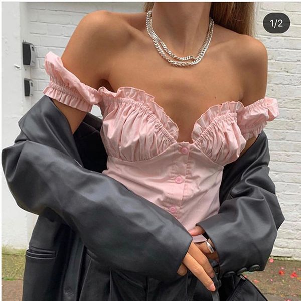 

2020 new retro women puff sleeve blouse square collor ladies short shirt and with buttons, White