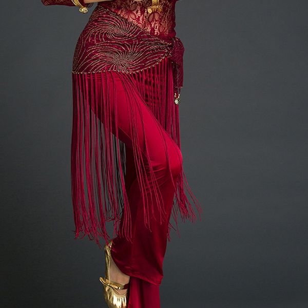 

belly dance costume tribal tassel hip scarf wrap belt skirt fringes dancing waist shawl, Black;red