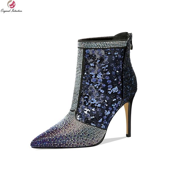 

original intention elegant women abkle boots shinny rhinestone zipper pointed toe heels boots silver white party shoes woman, Black