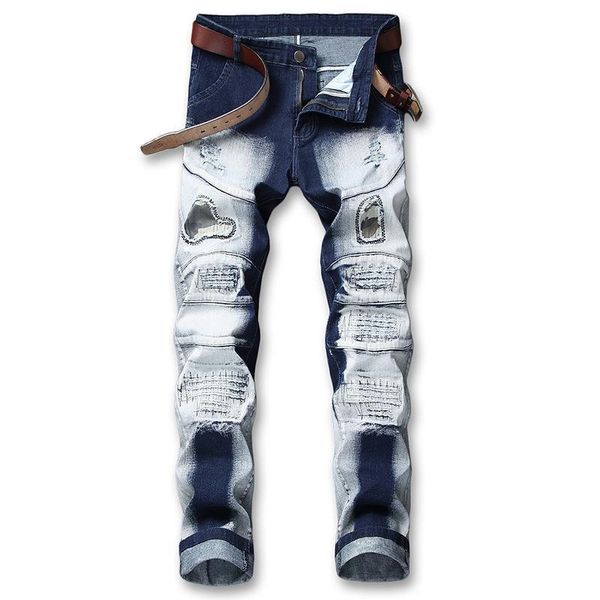 

qmgood patchwork mens ripped jeans pants distressed jeans hiphop for men biker skinny men clothes streetwear, Blue