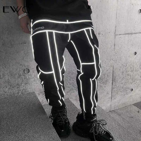 

emq /men's reflective pants 2020 new black elastic waist trouser for malel or female drawstring bottom pants hip-hop loose -a173