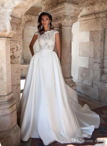 

milla nova cap рукава атласная line свадебные платья sheer кружева аппликация top backless развертки поезд люкс свадебные платья h066, White