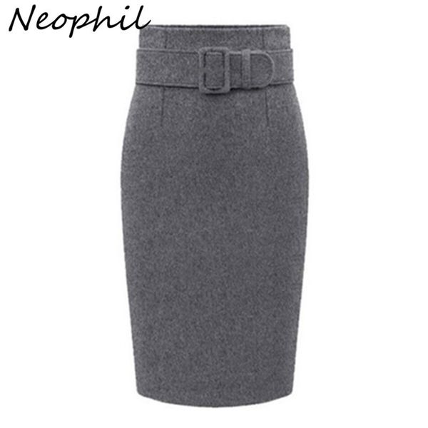 

neophil 2019 winter gray thick wool midi pencil skirts plus size women casual slim high waist belt office work wear saias s1205, Black;gray