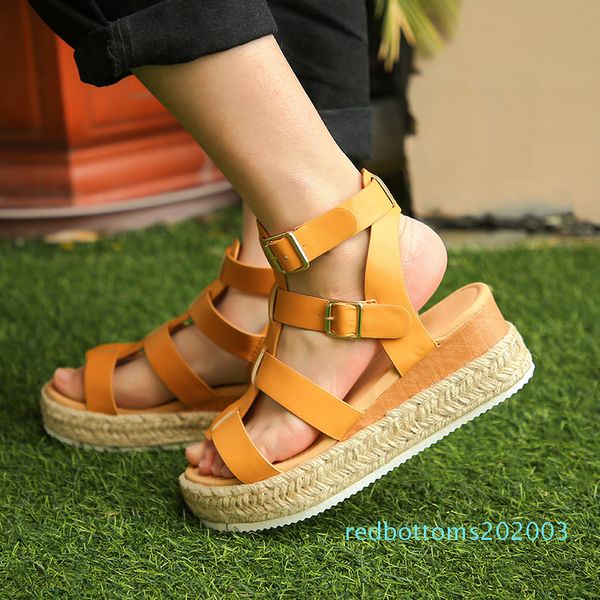 

2020 women's sandals roman sandals round head large women's shoes slope heel r03, Black
