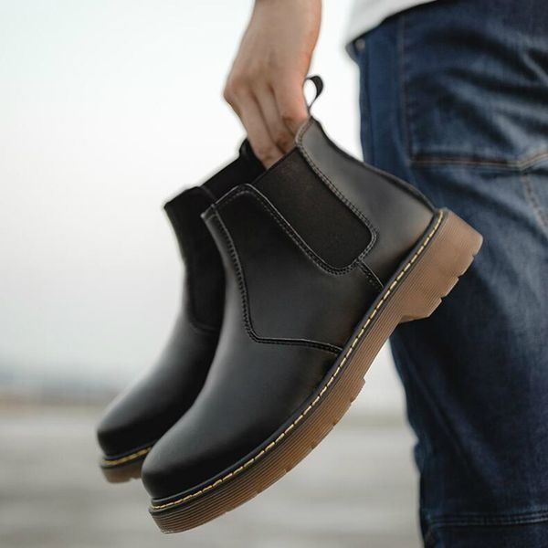 

men fashion tooling boots cowboy genuine leather shoes outdoors platform boot ankle botas zapatos de hombre male, Black