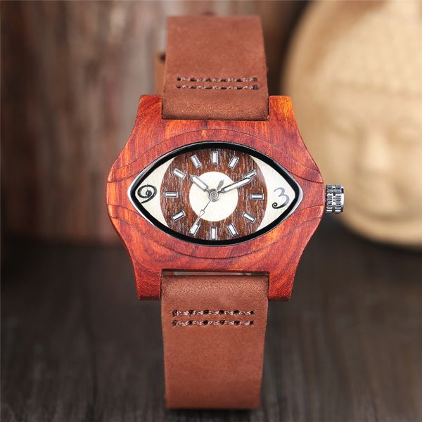 

antique classic red evil eye nature wooden watches men women quartz analog wristwatches brown leather band strap bracelet, Slivery;brown