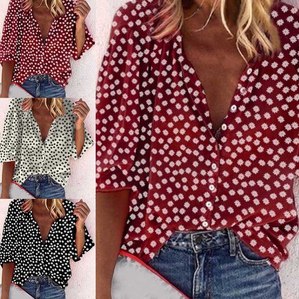 

gaoke 2020 fashion floral print shirts women v neck long sleeve button casual loose plus size blouse, White