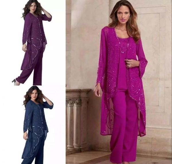 

plus size mother of the bride dresses with jacket long sleeves three pieces wedding guest dress sequins chiffon evening gowns pants, Black;red