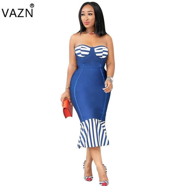 

vazn summer new women special fashion lady mermaid dress striped strapless sleeveless lady sheath midi dress vestido sn2483, Black;pink