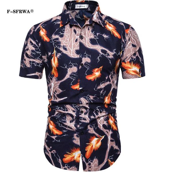 

f-sfrwa 2019 summer new men's fashion casual cotton brand feather pattern short-sleeved shirt, White;black