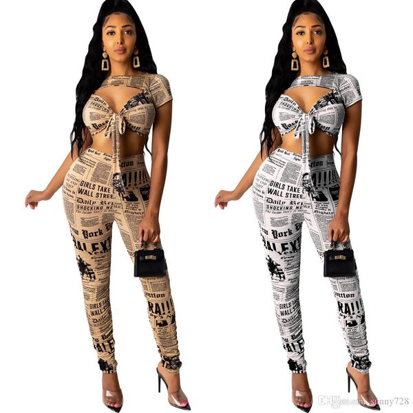 

style newspaper printed lady pants short sleeves two pieces t shirt and pants women casual nightclub pants skinny outfits, Gray