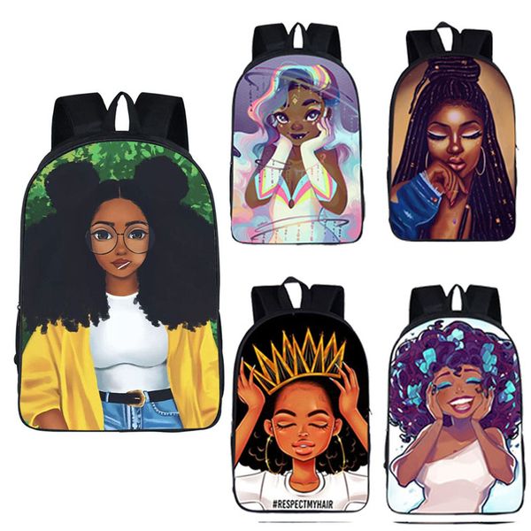 Mochilas da escola impressas para meninas 32 Design Africa Beauty Girls Personagem Principada Escola Bolsas de Livros de Decompress￣o para meninas adolescentes