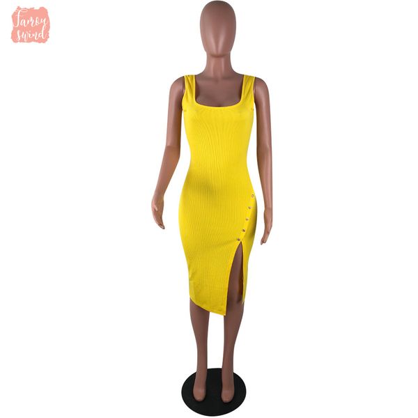 

casual 2019 dress new women spaghetti strap sleeveless side spit bodycon midi knee length office lady party dresses vestido lm9065, Black;gray