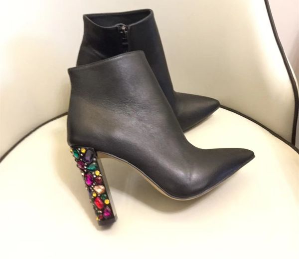 

new arrival women real leather pointed toe ankle boots fashion rhinestone heels short boots autumn winter high heels by532, Black