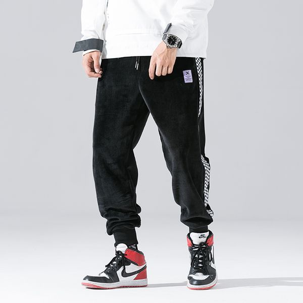 

men's black and white checked strip panel joggers drawstring fashion sweatpants