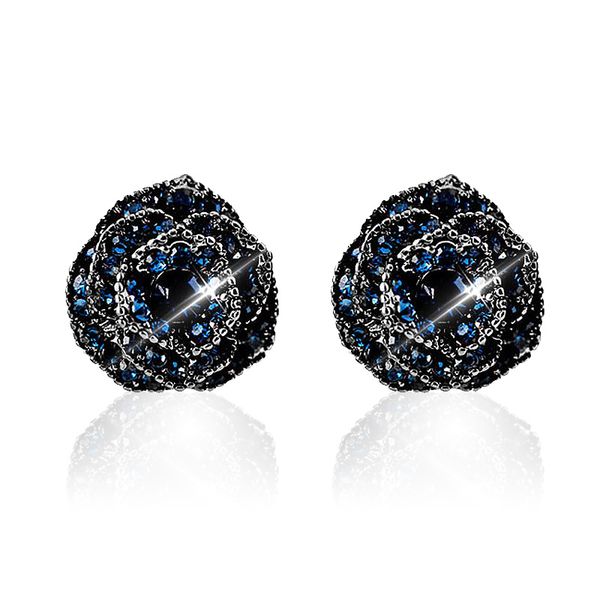

vintage fashion dark blue/red crystal rose flower stud earrings for women black gold plating personality earring charm jewelry, Golden;silver