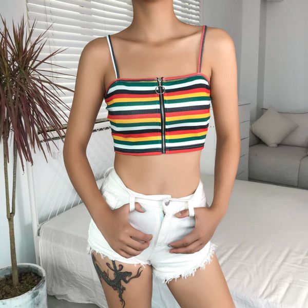 

new style women camis casual solid zipper vest stripe sleeveless rainbow color summer casual short fashion 2019, White