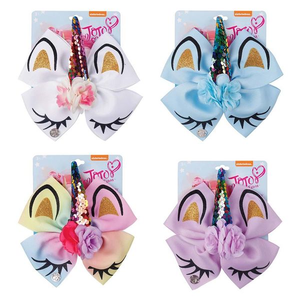 

4pcs/lot 6" jojo siwa unicorn hair bows for girls glitter print jojo bows with flower sequin horn wholesale hair accessories, Golden;silver