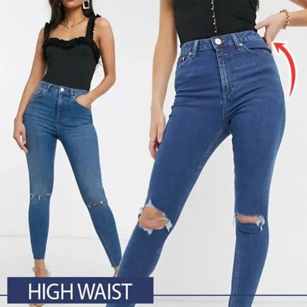 

stretchy knee hole ripped jeans women high waist skinny jeans trousers daily casual wml99, Black;white