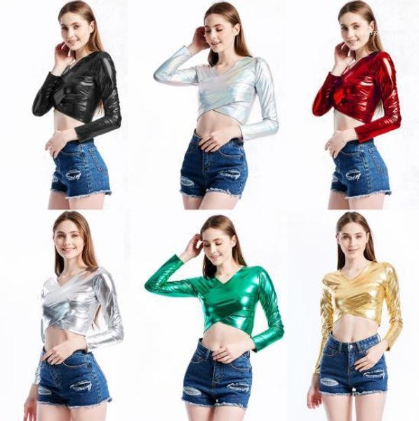 

light designer tshirts v neck long sleeve solid color female clothing short style casual apparel womens, White